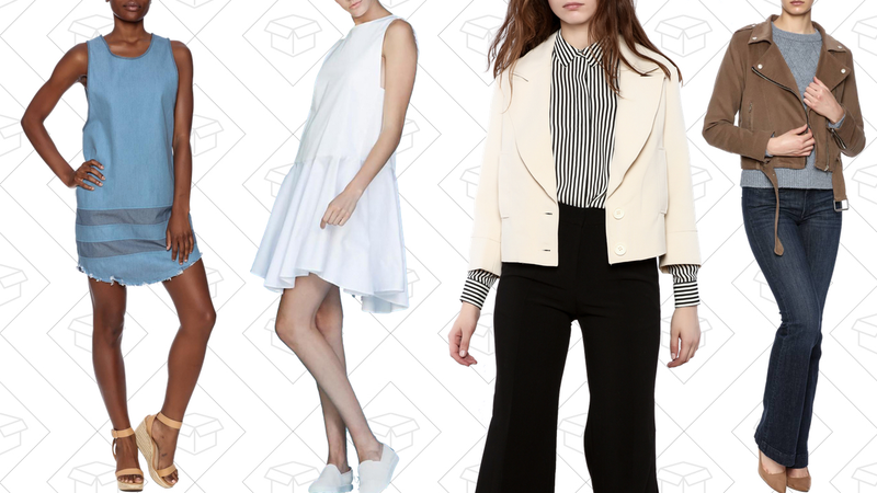 Denim Dress, $28 | Eliza White Dress, $75 | Cream Cropped Blazer, $49 | Cropped Moto Jacket, $28